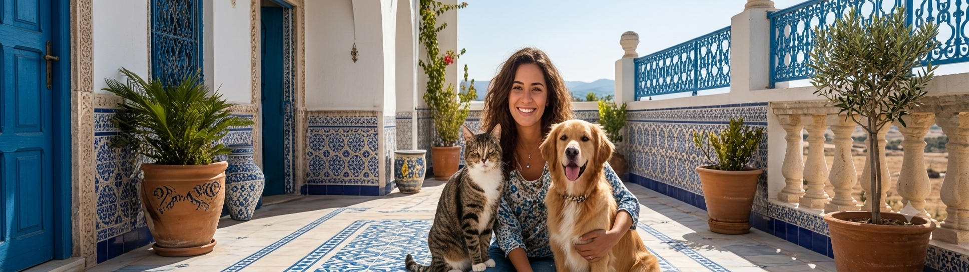 Femme souriante avec son chat et son chien sur une terrasse tunisienne